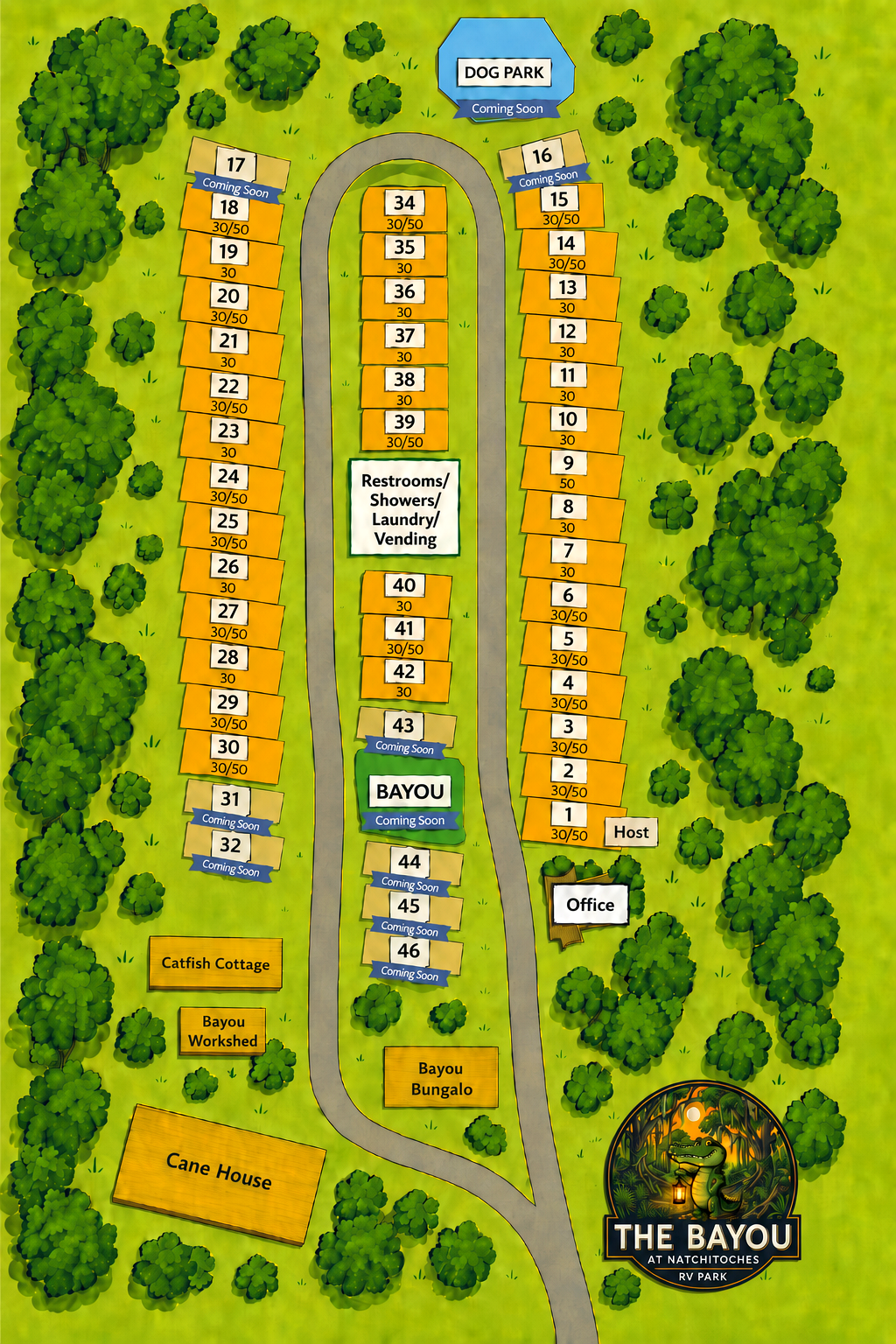The Bayou at Natchitoches RV Park site map showing 46 numbered sites with 30 and 50 amp service, restrooms, showers, laundry, vending, office, and upcoming dog park — Natchitoches Louisiana